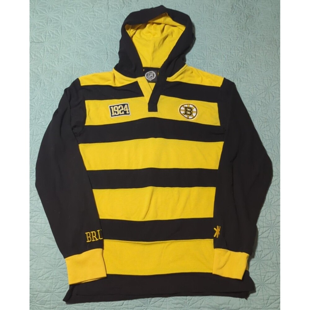 Boston Bruins NHL Long Sleeve Pique Pullover Striped Hooded Shirt Sz S